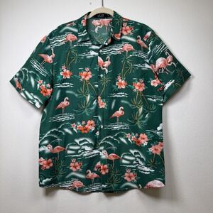 SSLR Men's M Button Up Shirt Dark Green Pink Flamingos Floral Hawaiian Tropical